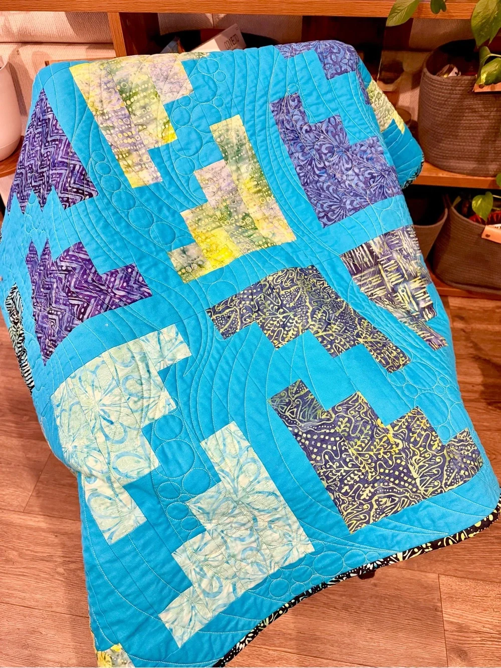 Quilted Patchwork Throw in Turquoise with Purple & Yellow Accents 72”x72”